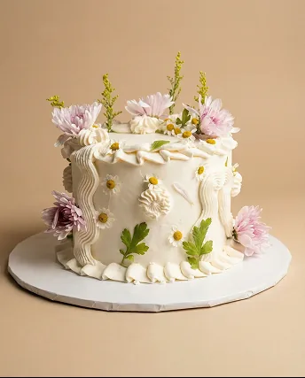 Layer cake blanc décoré de fleurs fraîches